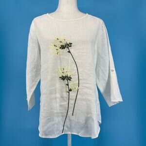 White Linen Floral Embroidered Tunic Blouse Top (S)
